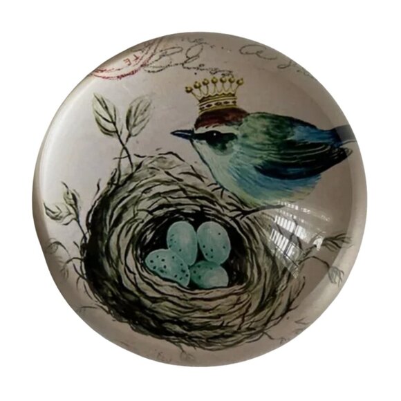 Vintage Bird Glass Paperweight Half Sphere Domed - Bird with Nest and Eggs - Picture 5 of 11